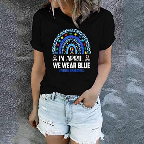 Bayan Rahat spor tişört Giyim Mavi Farkındalık Ayı T Shirt Hemşirelik Üstleri Kısa Kollu