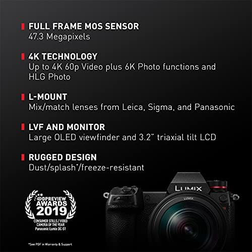 24.2 MP MOS Yüksek Çözünürlüklü Sensörlü Panasonic LUMİX S1 Tam Kare Aynasız Kamera, 24 - 105mm F4 L Montajlı S Serisi