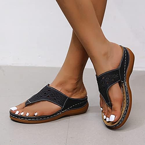GuangYuan Kama Tanga Sandalet Kadın Roma Ayakkabı Kemer Desteği İle Burnu açık Plantar Fasiit Kama Sandalet Plaj