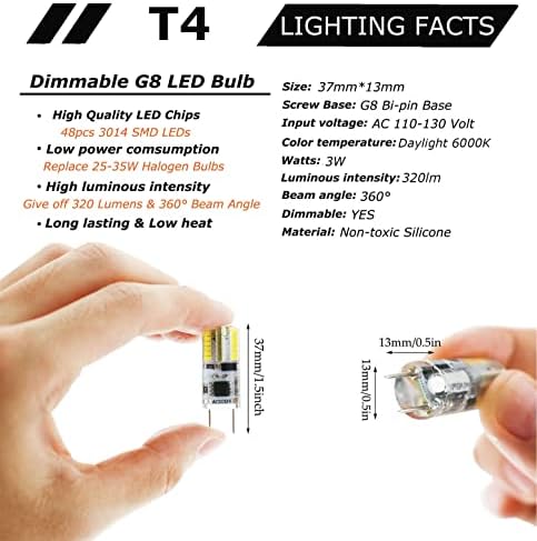 Greeogın G8 LED ampul kısılabilir 3 W, 6000 K gün ışığı, AC 120 V titreşimsiz, 20 W-25 W G8 halojen eşdeğeri, T4