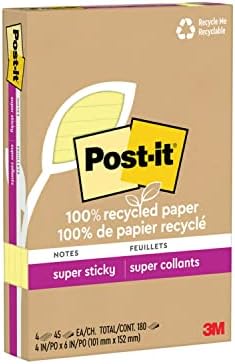 Post-it %100 Geri Dönüştürülmüş Kağıt Süper Yapışkan Notlar, 2X Yapışma Gücü, 4x6 inç, Astarlı, 4 Ped / Paket, 45