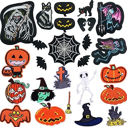 Woohome 26 ADET Cadılar Bayramı Demir on Yamalar, Cadılar Bayramı Aplikler Sticker Kabak Siyah Kedi Örümcek Ağı Kafatası