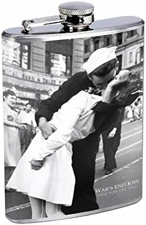 Mükemmellik Tarzı Paslanmaz Çelik Şişe 8 oz Vintage Poster D - 024 Öpüşme VJ Günü-Hemşire Öpüşme Denizci