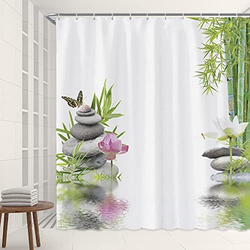 PZMPZM Zen Spa Duş Perdesi Yeşil Bambu Zen Taş Japon Lotus Çiçeği Kelebek Bahar Bahçe Doğa Manzarası Banyo Perdeleri