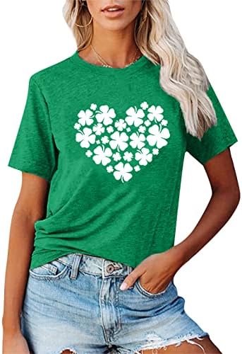 Kadın Aziz Patrick Günü Shamrocks Kalp Tops Gevşek Fit Kısa Kollu Yuvarlak Boyun T-Shirt Casual Grafik Tees Gömlek