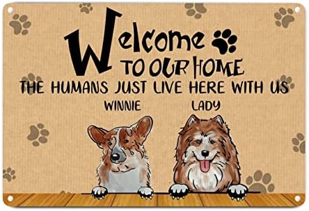Alioyoit Özel Köpekler Adı Evimize hoş geldiniz İnsanlar Burada bizimle Komik Köpek Metal İşareti Plak Pet Kapı Askısı