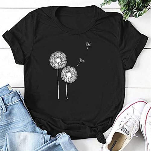 Kadın Grafik Ayçiçeği Baskı Kısa Kollu Casual Bluz Tee Gömlek Ekip Boyun Roll Up Kollu Gömlek Tops