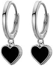 SLUYNZ 925 Ayar Gümüş Kalp Damla Küpe Kadınlar için Genç Kızlar Siyah Kalp Dangle Hoop Küpe (A-Gümüş)