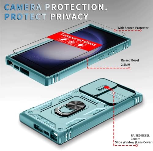 Pompvla Samsung Galaxy S23 Ultra Kılıf Temperli Cam Ekran Koruyucu ile Manyetik Kickstand ile Araba Halkası ve kamera