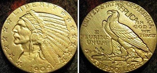 5 $ Altın Hint Yarım Kartal 1909-D Kopya Paraları Kopya Süsler Koleksiyonu Hediyeler