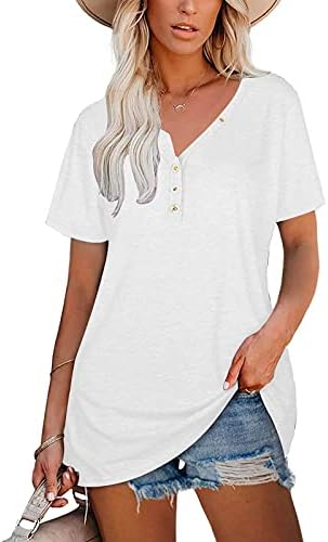 NEARTİME Gömlek Kadınlar için Rahat Gevşek Uydurma T Shirt V Yaka Düğmesi Kısa Kollu Bluz Tops