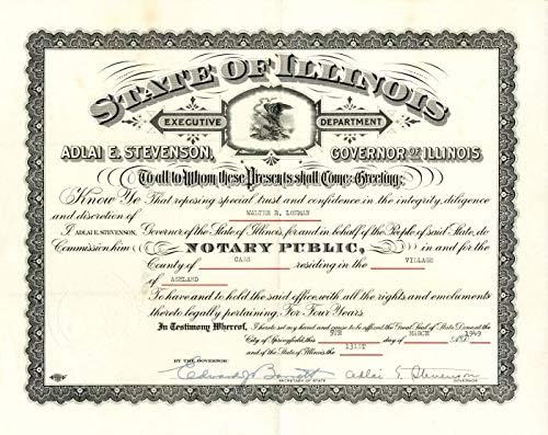 Illinois Eyaleti, Illinois Valisi Adlai E. Stevenson tarafından imzalanmış sertifika