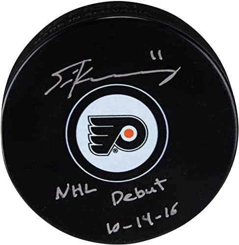 Travis Konecny Philadelphia Flyers, NHL Debut 10/14/16 Yazılı Hokey Diskini İmzaladı - İmzalı NHL Diskleri